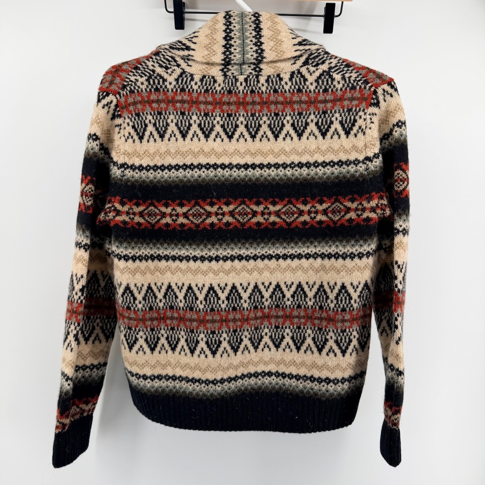 Susan Bristol Fair Isle Wool Cardigan Shawl Collar Metal Clasp L Beige Black - Picture 3 of 7